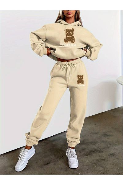 Benisengiydir Μπεζ Χρώμα Oversize Γυναικείο Σετ με κουκούλα - Lover Bear Printed
