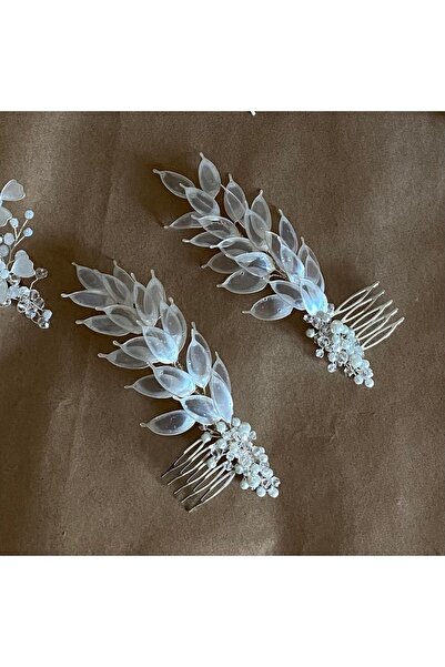 Gözde Çiçek Yapraklı Taç-ikili Taç-gelin Tacı-sedefli Taç-gelin Aksesuarı