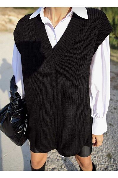 tarzınensa Women's V-Neck Black Sweater Sleeveless Slit Oversize Sweater