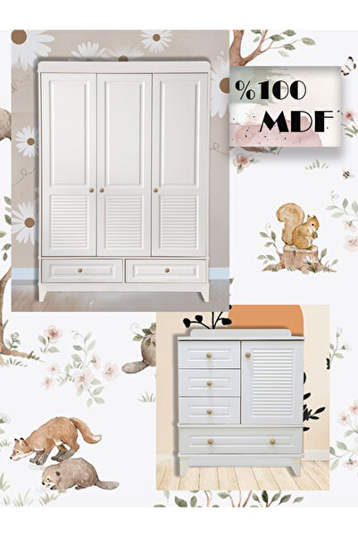 Koza %100 MDF Panjur Beyaz 3 Kapılı Dolap & Panjur Beyaz Şifonyer