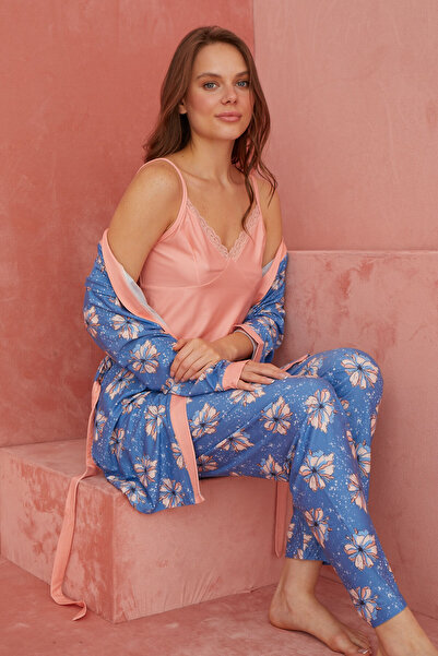 ELİTOL Somon Yaprak Desenli Exclusive Örme Sabahlıklı  Pijama Takımı