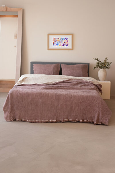 vivamaison Çift Kişilik Pike Yatak Örtüsü 4 Kat Müslin Pamuklu Çift Taraflı Mürdüm 220x240 Cm