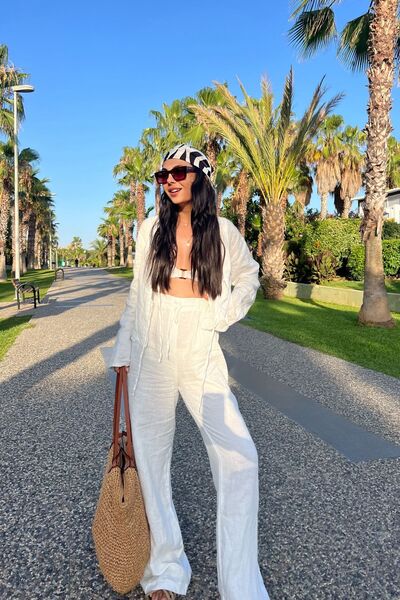 Seda Yalçın Atelier Pantaloni de in - alb și detaliu cu șireturi în talie