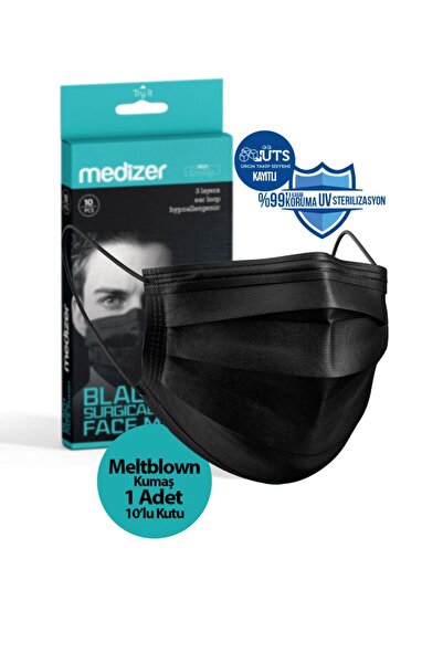 Medizer Siyah Meltblown Kumaş Full Ultrasonik 3 Katlı Cerrahi Maske - Burun T...