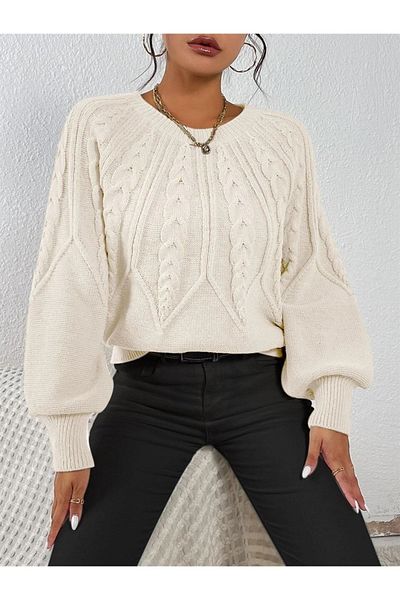 AQE FASHION Pulover alb tricotat cu mâneci italiene cu gâtul turn