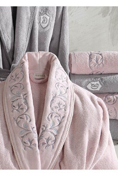 Dantela 6 Piece Burçak Cotton Family Bathrobe Set - Powder/Grey