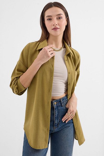 Bigdart Model 20153 - Cămașă de in verde oversize cu un singur buzunar