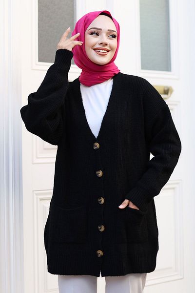 Tesettür Dünyası Schwarzer Strick-Cardigan – TSD mit Knöpfen und Taschendetail 240802