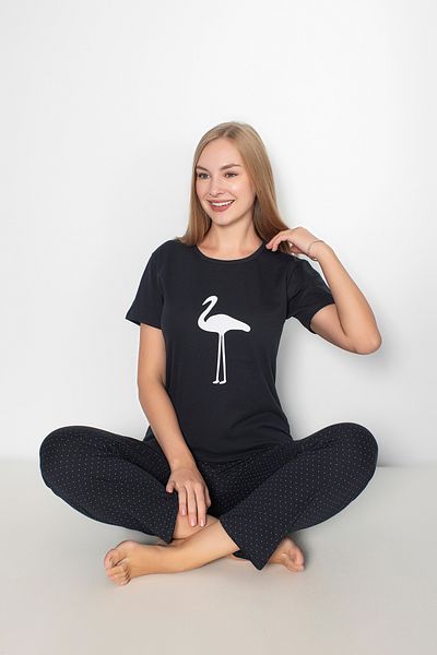 Sude HOMEWEAR Set pijamale pentru femei cu model flamingo buline negre