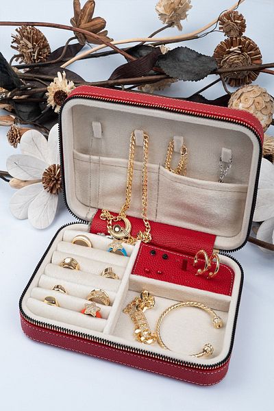 Gold Box منظم حجم كبير مع صندوق تخزين المجوهرات وحقيبة سفر، خشبي أحمر (21X14.5X5)