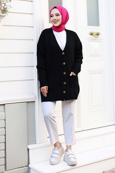 Tesettür Dünyası Schwarzer Strick-Cardigan – TSD mit Knöpfen und Taschendetail 240802