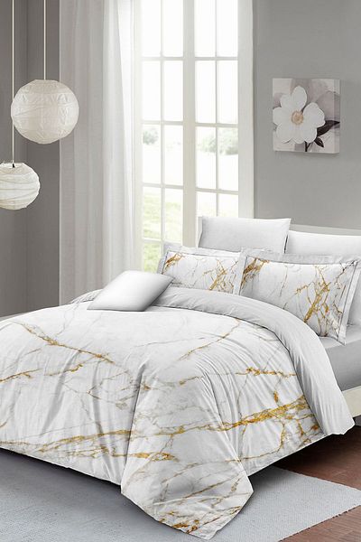 MonoHome 100% Cotton Satin Double Duvet Cover Set with Fitted Sheets Marble Shiny