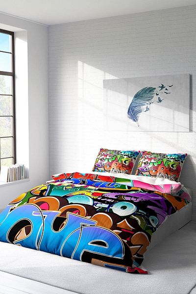 PerlaSera 3D Graffiti Patterned Bedding Set - Tightly Woven Cotton Satin, Double