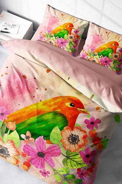 PerlaSera 3D Custom Design - Double Duvet Cover Set, Tight Woven Cotton Satin, Bird Nest Natural