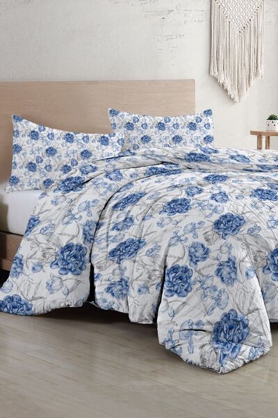 MonoHome Set lenjerie de pat dublu, personalizat, din bumbac țesut, din pânză din satin, colecție Shadow Flowers Blue