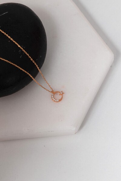 klas gümüş Gümüş Zirkon Taşlı Minimal Ay Yıldız Rose Kolye