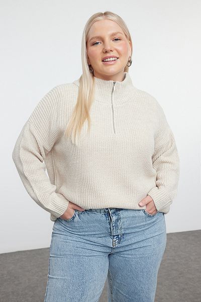 Trendyol Curve Strickpullover - Steinfarbener Reißverschlusskragen, TBBAW25AN00026