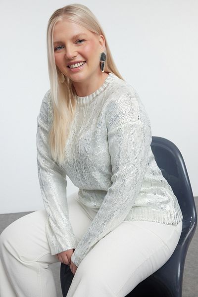 Trendyol Curve Silver Crop Knitwear Sweater with Hair Braid - TBBAW25AN00006
