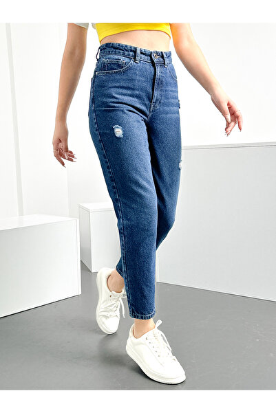 HLT JEANS Mavi Yıpratma Kadın Likralı Mom Jean Yüksek Bel Esnek Kot Pantolon ANNA-MAVİYPT