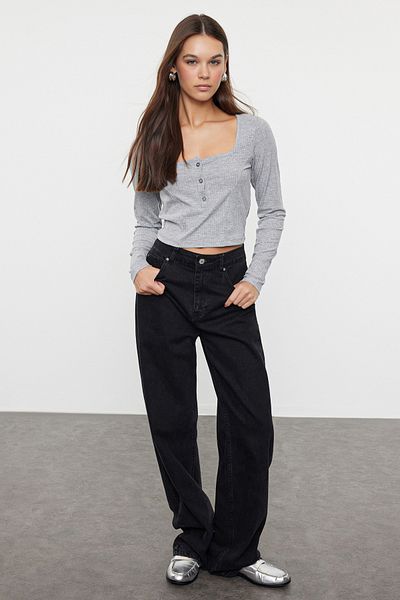 Trendyol Collection Μπλούζα Crop με τετράγωνο λαιμό γκρι μελανζ κορδόνι - Λεπτομέρεια με κουμπιά, Πλεκτή μεσαία μπλούζα με σώμα TWOAW23BZ00384