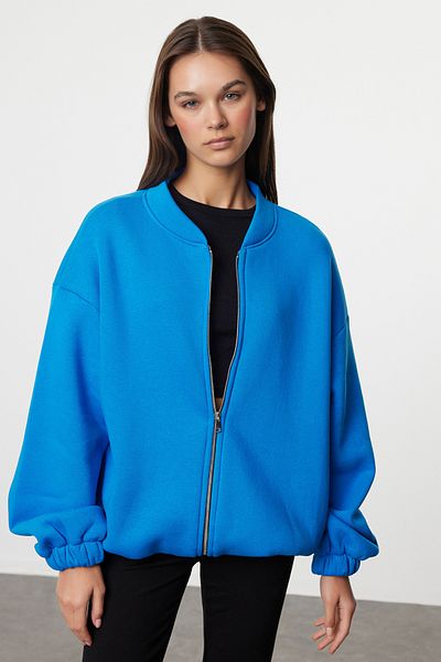 Trendyol Collection Hanorac tricotat albastru din fleece gros - Se potrivește supradimensionat cu fermoar TWOAW25SW00122