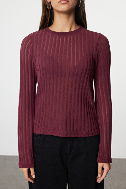 Trendyol Collection Crew Neck Claret Red Knitwear Μπλούζα - κανονική εφαρμογή, διαφανές σχέδιο TWOAW24BZ00094
