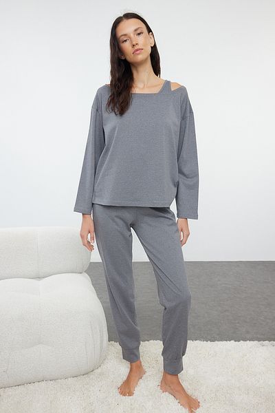 Trendyol Collection Set pijamale tricotate din bumbac, 3 piese, gri Melange THMAW25PT00006
