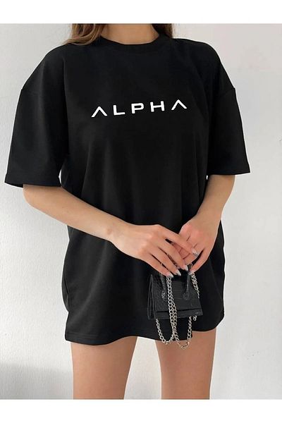 Pink Sky Alpha Printed Unisex Μαύρο μπλουζάκι Oversize