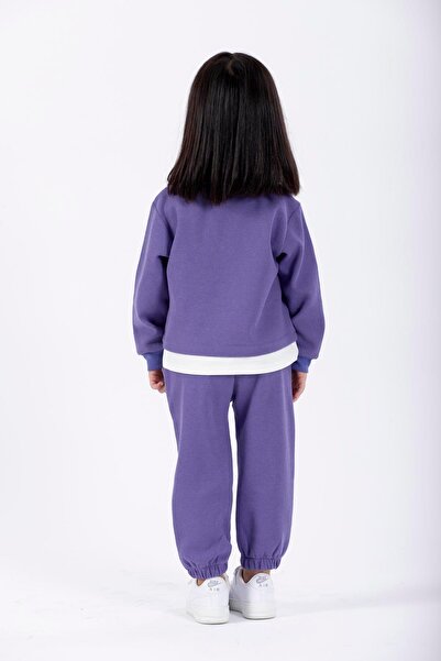 zepkids Purple Colored Crew Neck Long Sleeve Girl's Tracksuit Set with Embroidered Garnish and Elastic Waistband