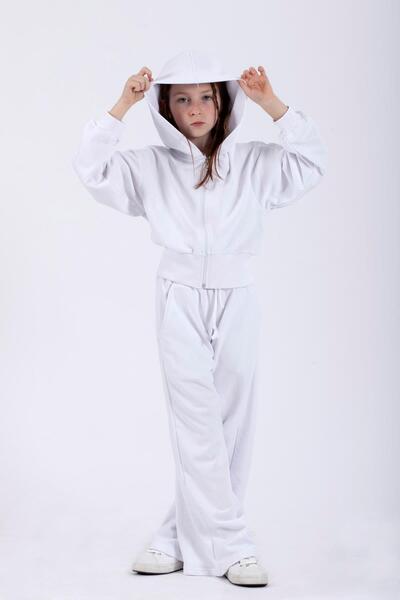 zepkids Hooded Long Sleeve Loose Cut White Color Girl's Tracksuit Set