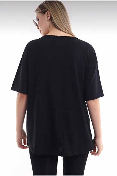 Pink Sky Boyfriend Cut Unisex Μαύρο Πλεκτό Oversize T-shirt - Crew Neck