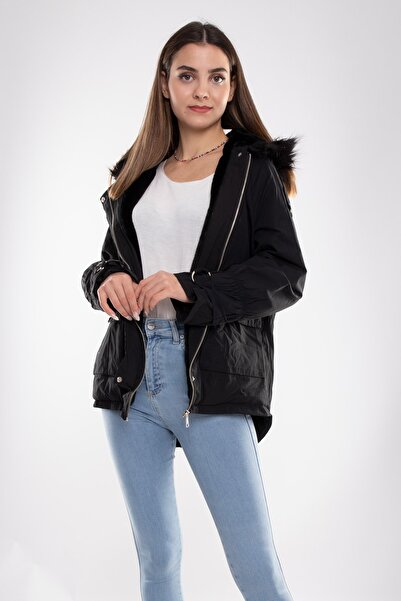 Robin D89851 Içi Kürklü Kol Büzgülü Kapşonlu Kadın Mont