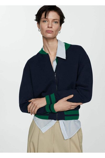 MANGO Woman Knitwear Jacket - Contrast Stripe Detail