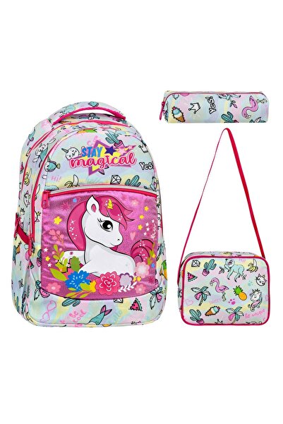 Just Polo 3'lü Okul Seti, Unicorn Desenli Ilkokul Çantası Beslenme Çantası Ka...