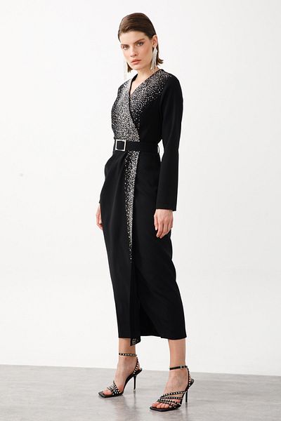 Moda İlgi Modailgi Stone Detailed Long Dress Black