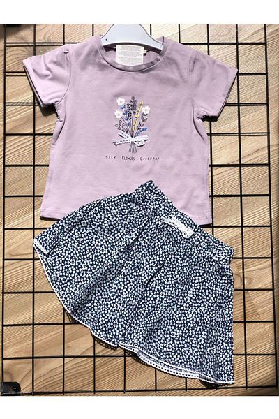 Miracle lilac Floral Patterned T-shirt and SKirt Set for Girls - Set of 2