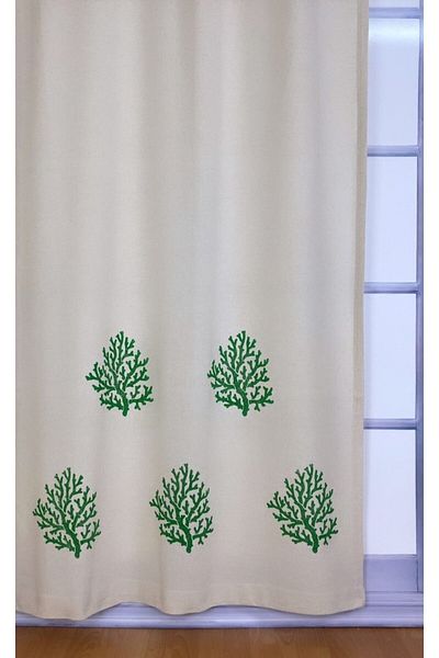 pamukidea Λινό κουρτίνα με στάμπα Green Coral - 100% βαμβακερή κουρτίνα κουζίνας και σαλονιού, ηλιοφάνεια με στάμπα από ξύλινη πέτρα
