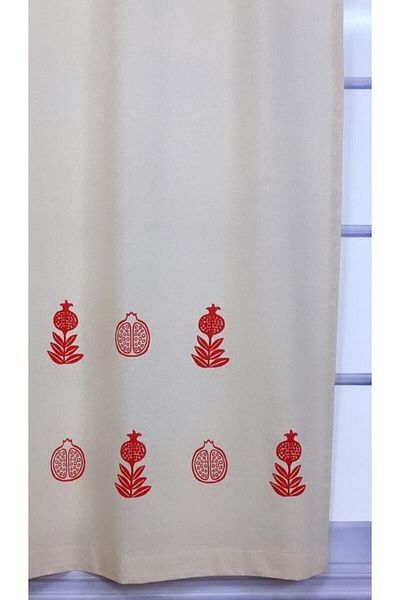 pamukidea Pomegranate Patterned Printed 100% Cotton Linen Summer Curtain - Wooden Stone on Balcony and Buldan Branch
