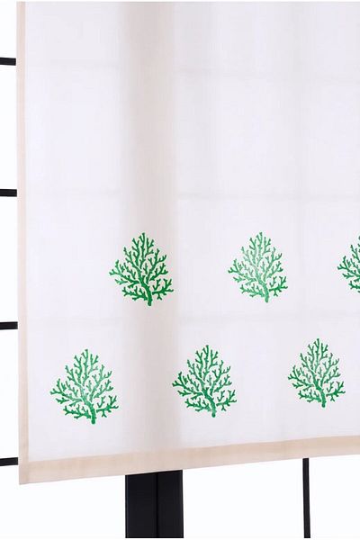 pamukidea Λινό κουρτίνα με στάμπα Green Coral - 100% βαμβακερή κουρτίνα κουζίνας και σαλονιού, ηλιοφάνεια με στάμπα από ξύλινη πέτρα