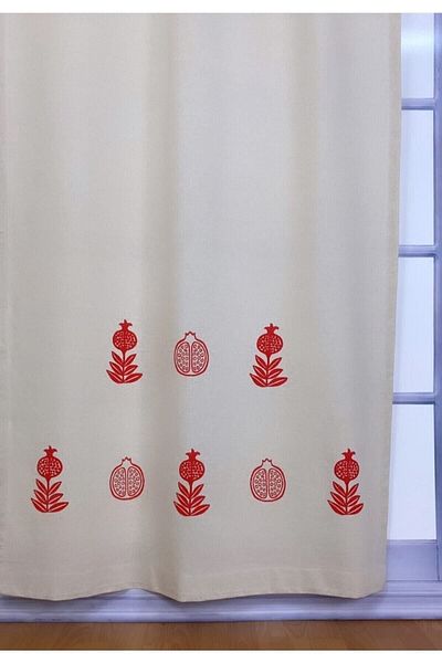pamukidea Pomegranate Patterned Printed 100% Cotton Linen Summer Curtain - Wooden Stone on Balcony and Buldan Branch