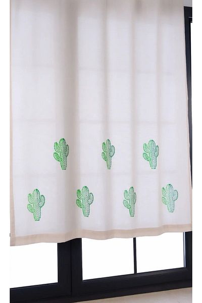 pamukidea Linen Cotton - Cactus Pattern Printed Summer Curtain, Balcony and Wooden Stone Buldan Curtain