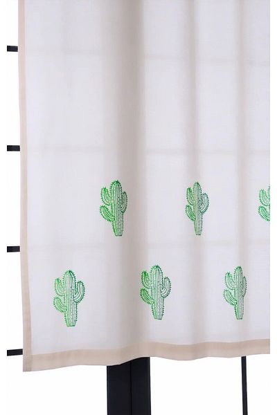 pamukidea Linen Cotton - Cactus Pattern Printed Summer Curtain, Balcony and Wooden Stone Buldan Curtain
