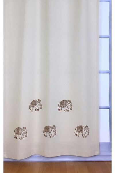 pamukidea Coffee Color Elephant Print 100% Cotton Linen Summer Curtain - Wooden Stone Print for Balcony and Buldan