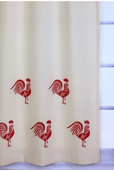 pamukidea Red Cock Pattern Printed Cotton Linen Summer Curtain - Wooden Stone Printed Buldan Curtain