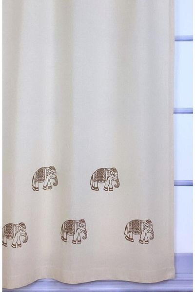pamukidea Coffee Color Elephant Print 100% Cotton Linen Summer Curtain - Wooden Stone Print for Balcony and Buldan