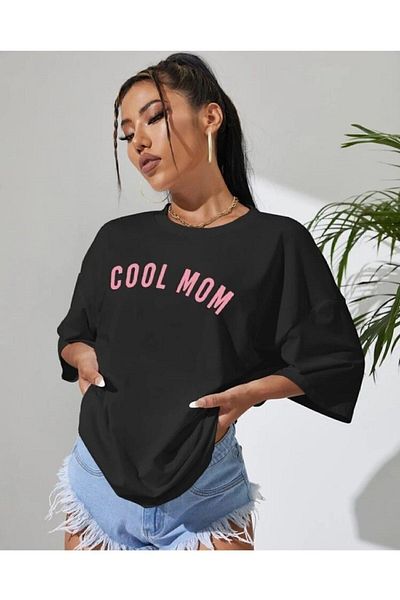 Pink Sky Coolmom Printed Unisex Oversize Μαύρο T-shirt - 100% Βαμβάκι