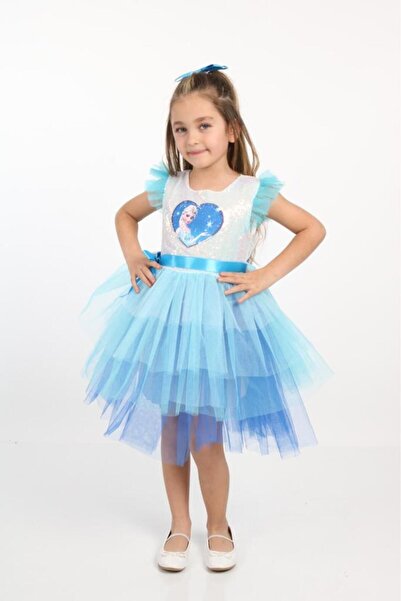 Derya Bebek Butik Elsa Elbise Pullu Tokalı Elsa Kostüm Tüllü Mavi