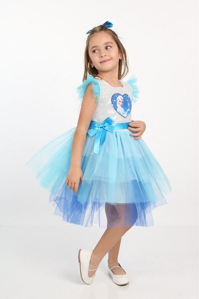 Derya Bebek Butik Rochie Elsa Catarama cu paiete Costum Elsa Tulle Albastru