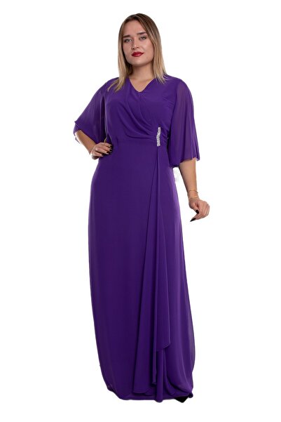 LİLAS XXL 9407 Büyük Beden Mendil Kol Beli Drape Broşlu Uzun Elbise