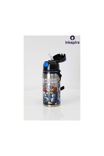 inkspire Avengers 500 ml Steel Water Bottle - Invincible Odorless Water Bottle with Neck Strap and Straw